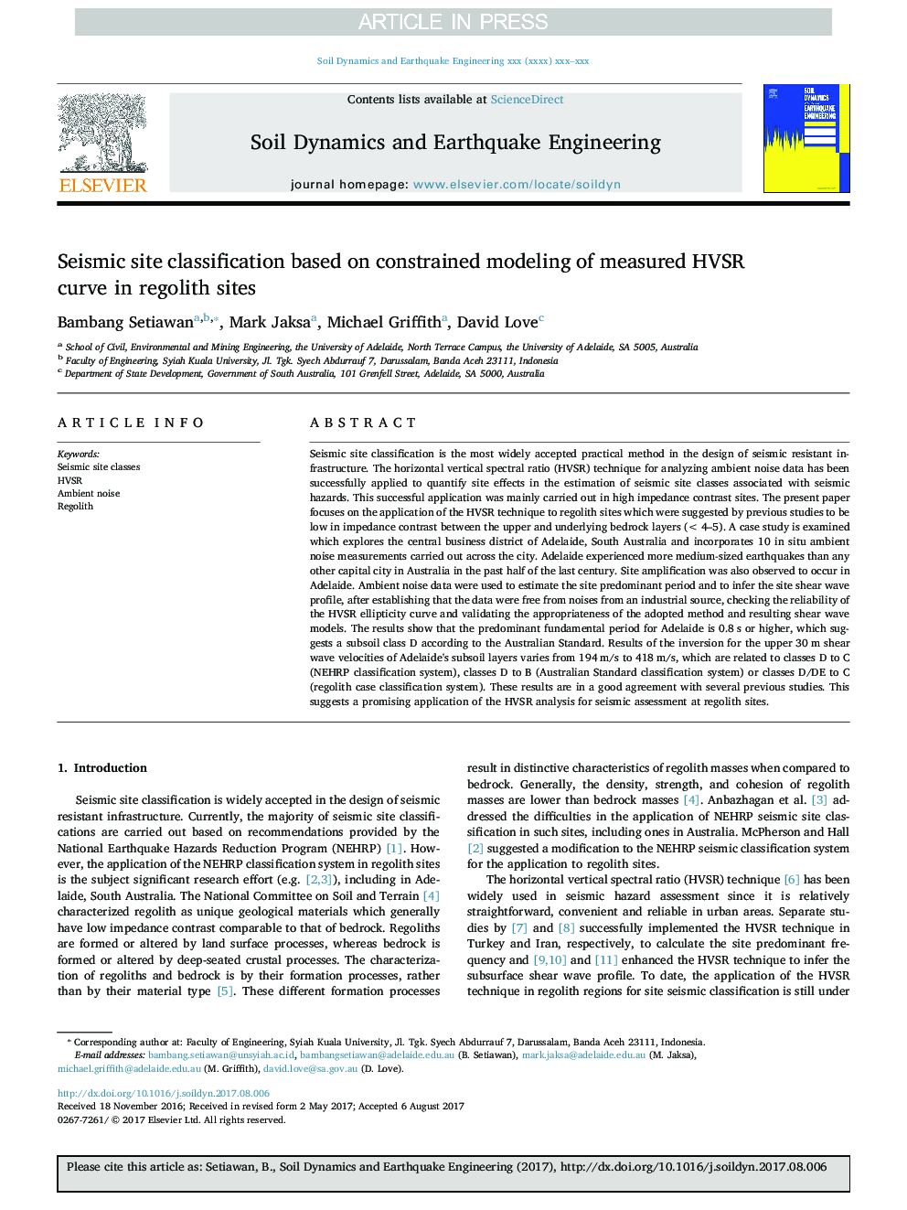 Seismic site classification based on constrained modeling of measured HVSR curve in regolith sites