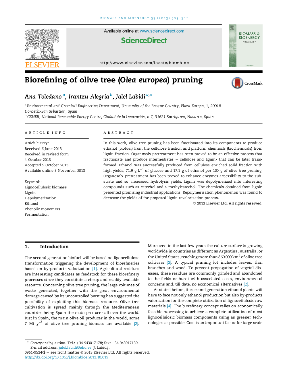 Biorefining of olive tree (Olea europea) pruning