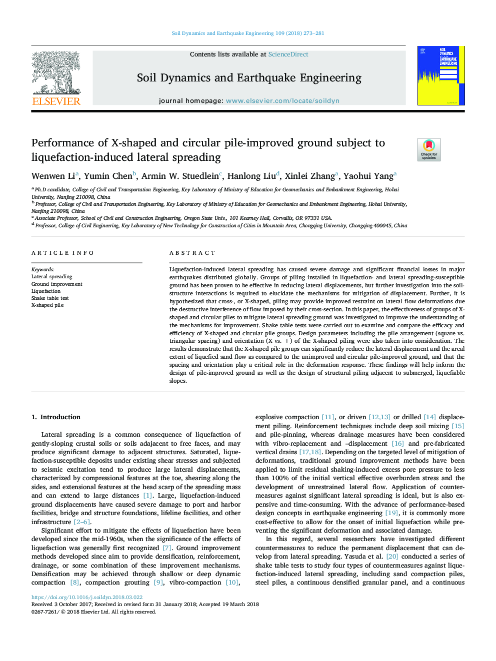 Performance of X-shaped and circular pile-improved ground subject to liquefaction-induced lateral spreading