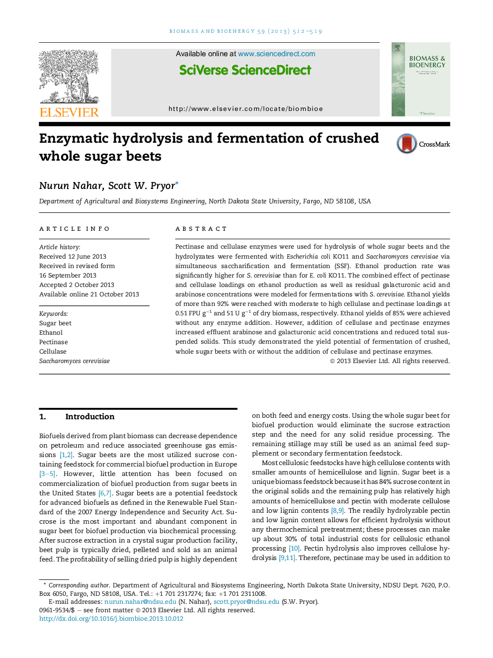 Enzymatic hydrolysis and fermentation of crushed whole sugar beets