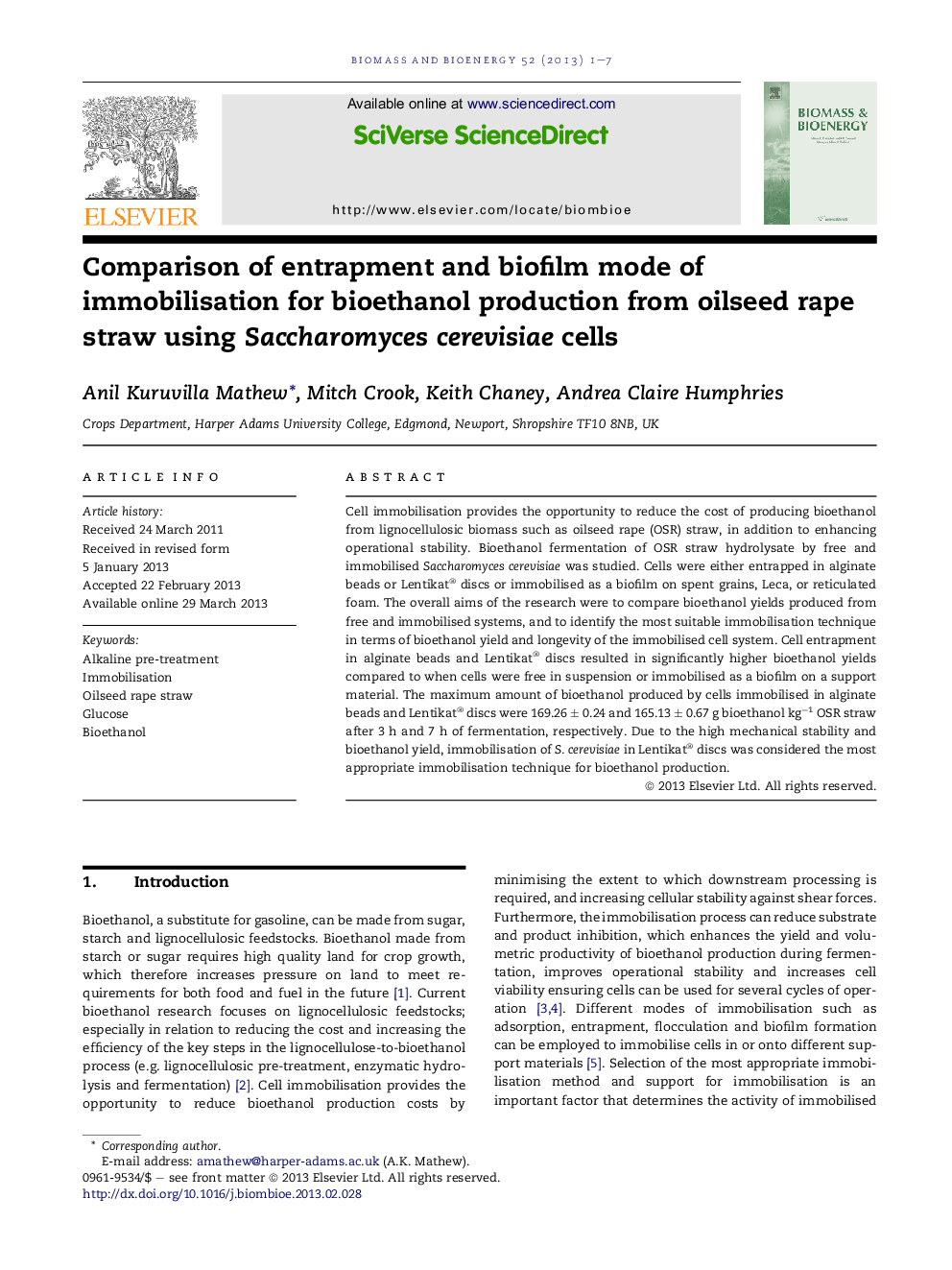 Comparison of entrapment and biofilm mode of immobilisation for bioethanol production from oilseed rape straw using Saccharomyces cerevisiae cells