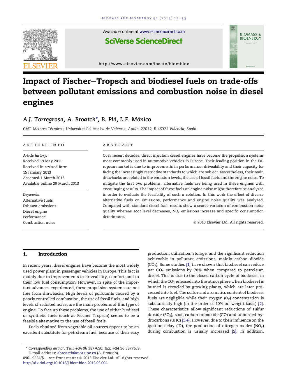 Impact of Fischer–Tropsch and biodiesel fuels on trade-offs between pollutant emissions and combustion noise in diesel engines