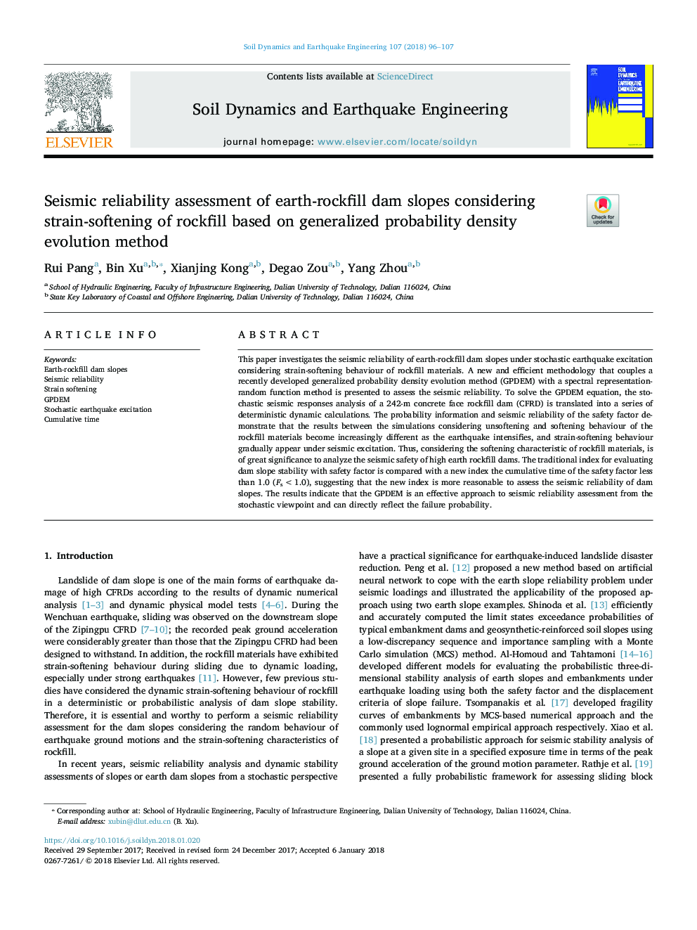 Seismic reliability assessment of earth-rockfill dam slopes considering strain-softening of rockfill based on generalized probability density evolution method