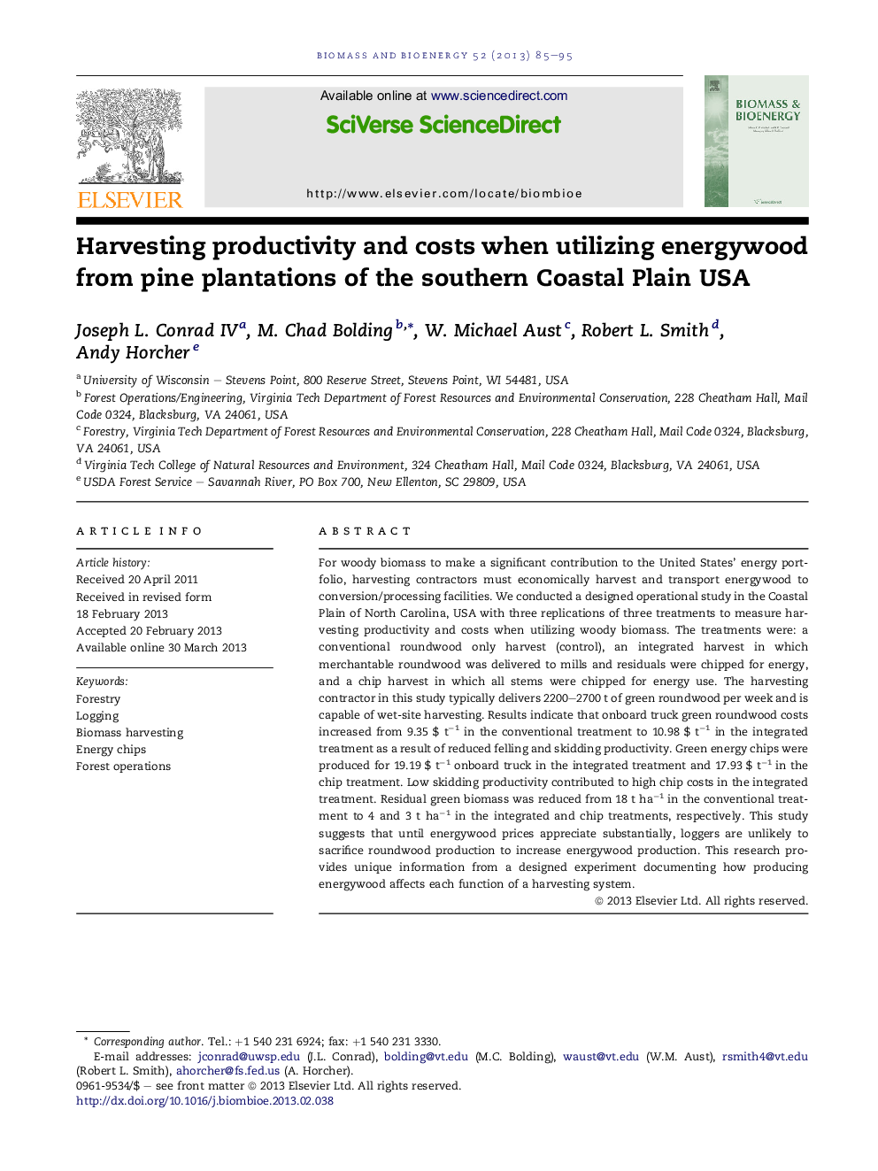 Harvesting productivity and costs when utilizing energywood from pine plantations of the southern Coastal Plain USA