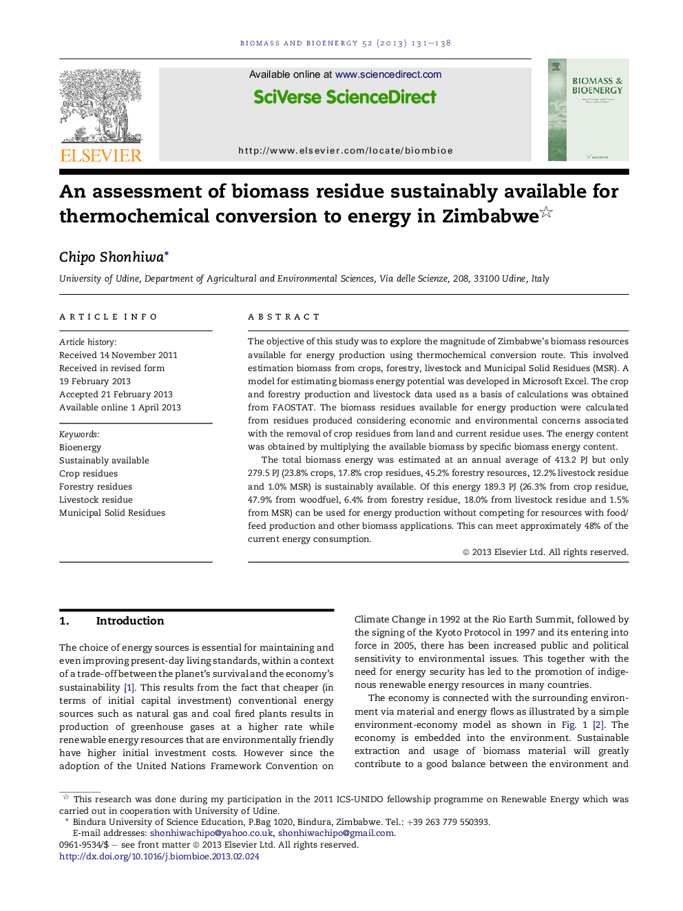 An assessment of biomass residue sustainably available for thermochemical conversion to energy in Zimbabwe 