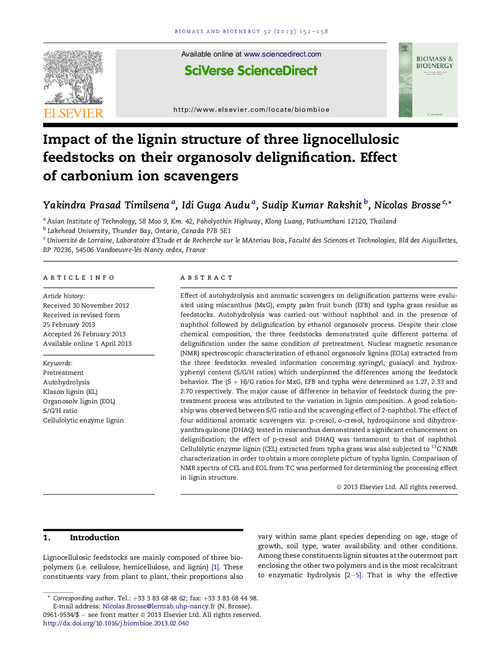 Impact of the lignin structure of three lignocellulosic feedstocks on their organosolv delignification. Effect of carbonium ion scavengers