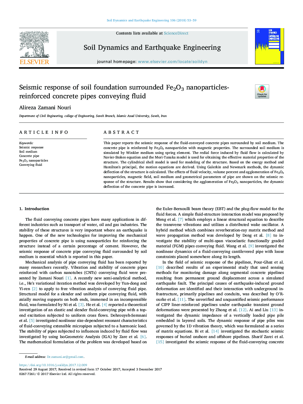 Seismic response of soil foundation surrounded Fe2O3 nanoparticles-reinforced concrete pipes conveying fluid