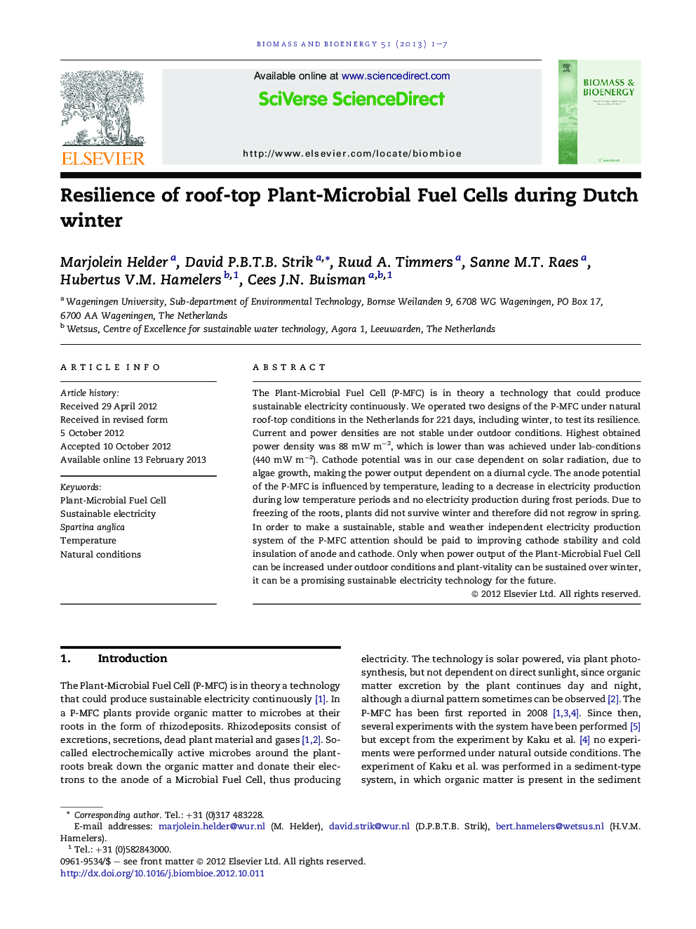 Resilience of roof-top Plant-Microbial Fuel Cells during Dutch winter