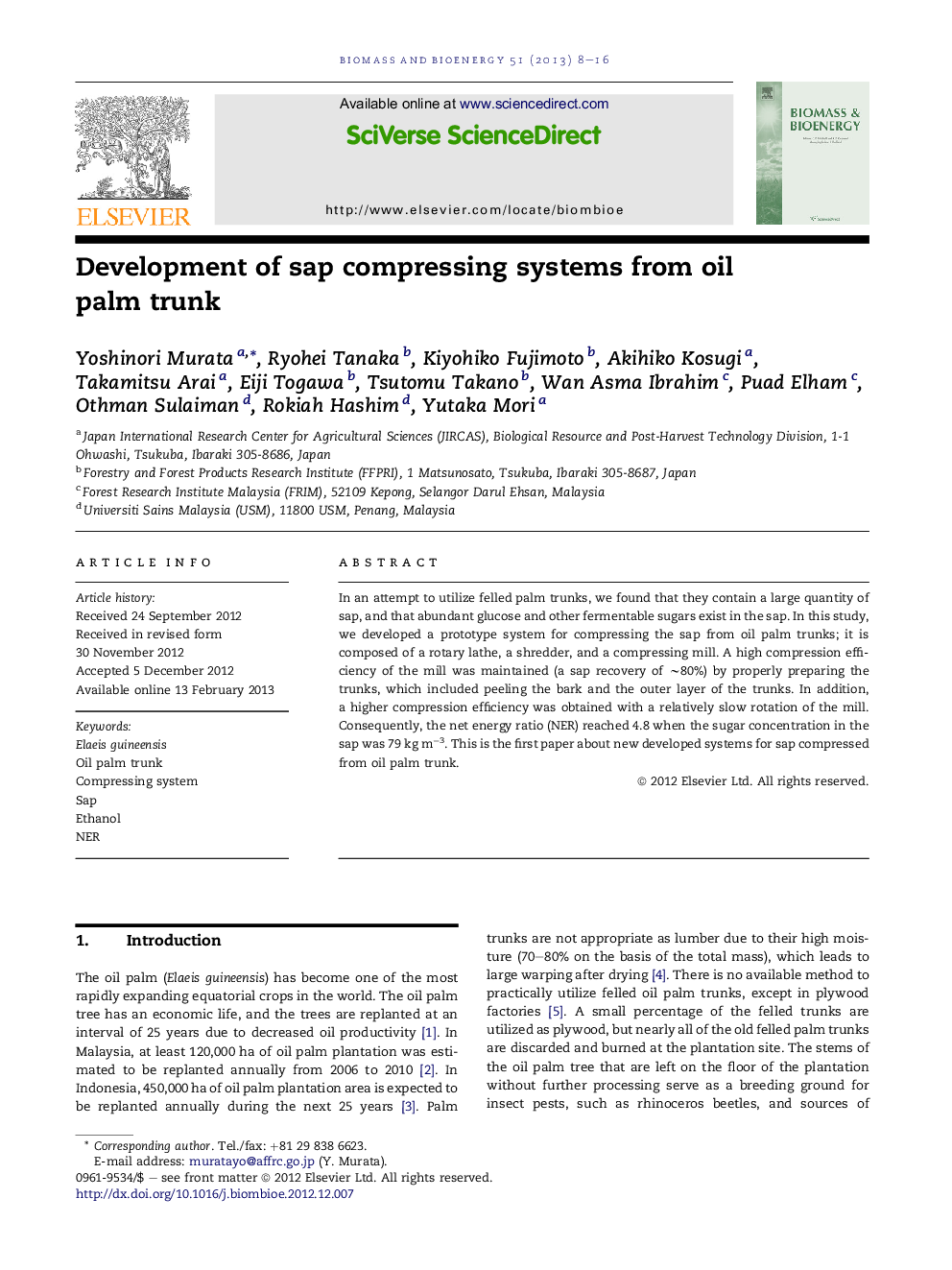 Development of sap compressing systems from oil palm trunk