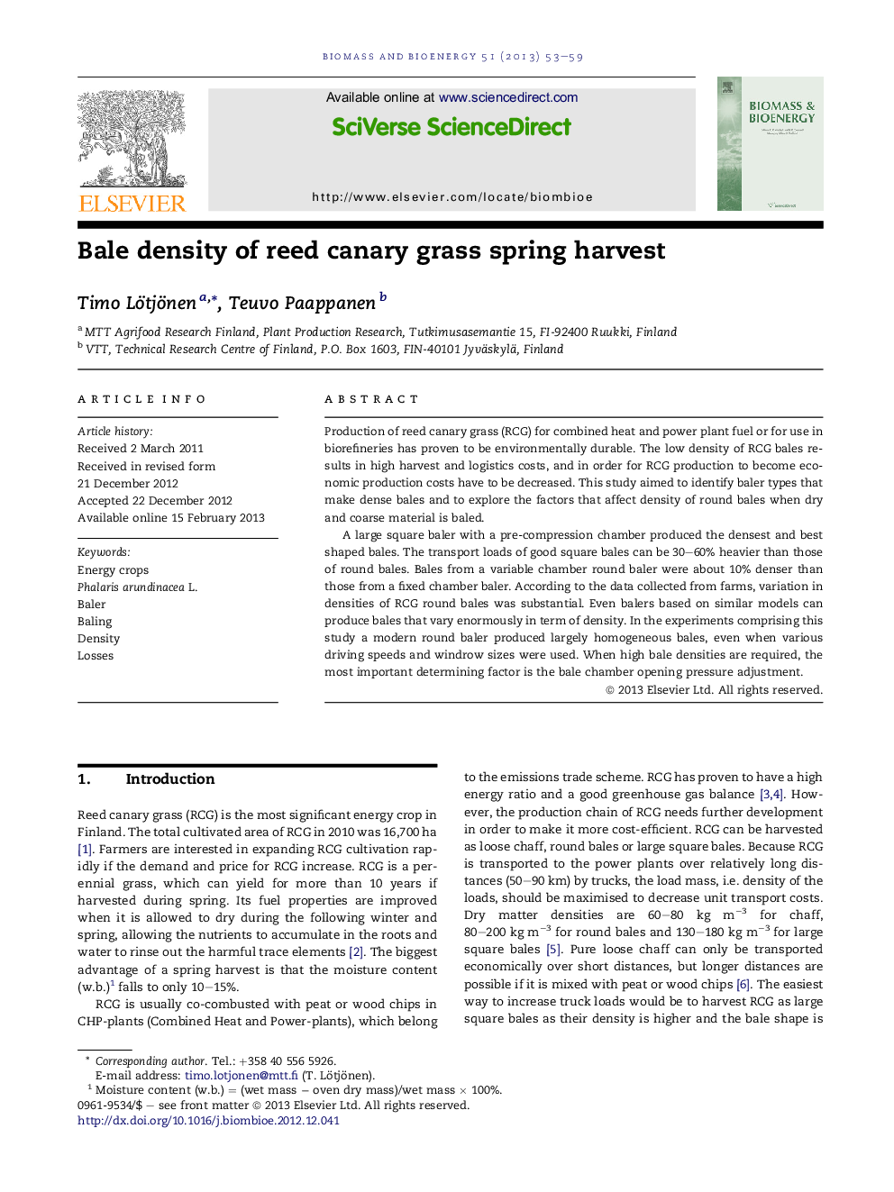 Bale density of reed canary grass spring harvest