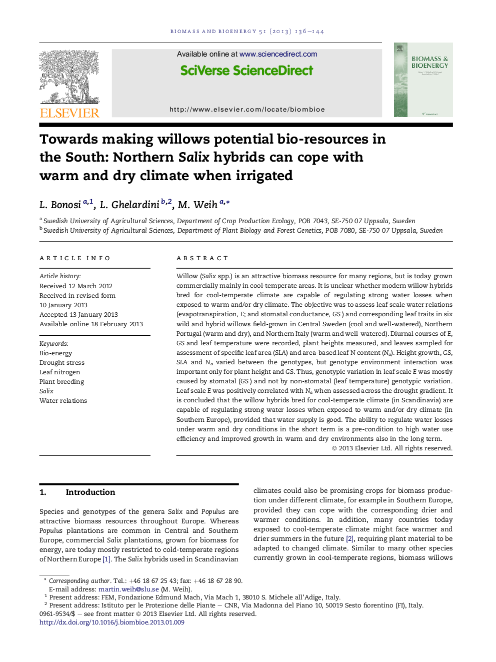 Towards making willows potential bio-resources in the South: Northern Salix hybrids can cope with warm and dry climate when irrigated