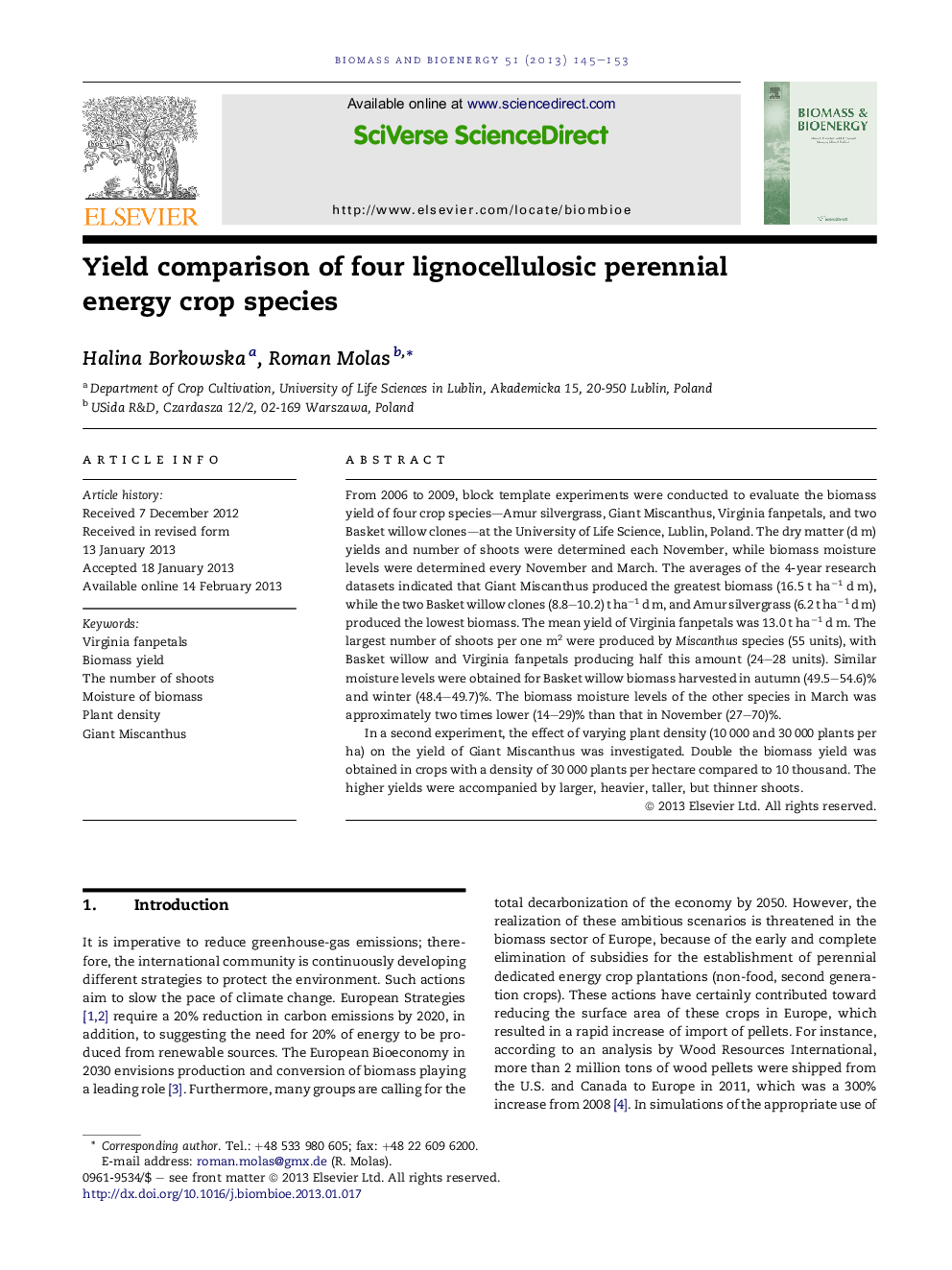 Yield comparison of four lignocellulosic perennial energy crop species