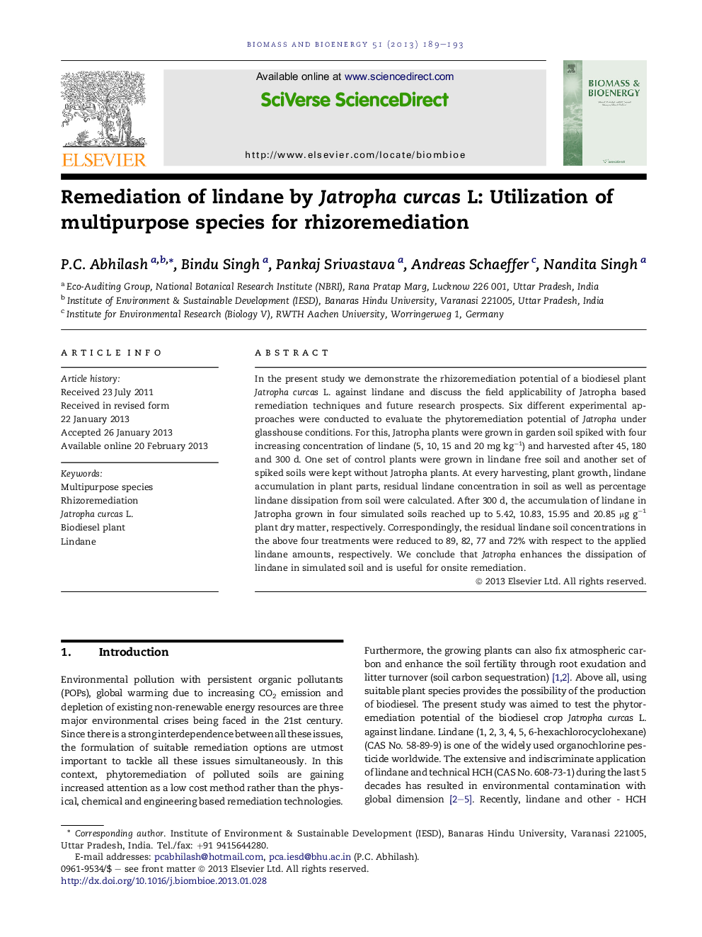 Remediation of lindane by Jatropha curcas L: Utilization of multipurpose species for rhizoremediation