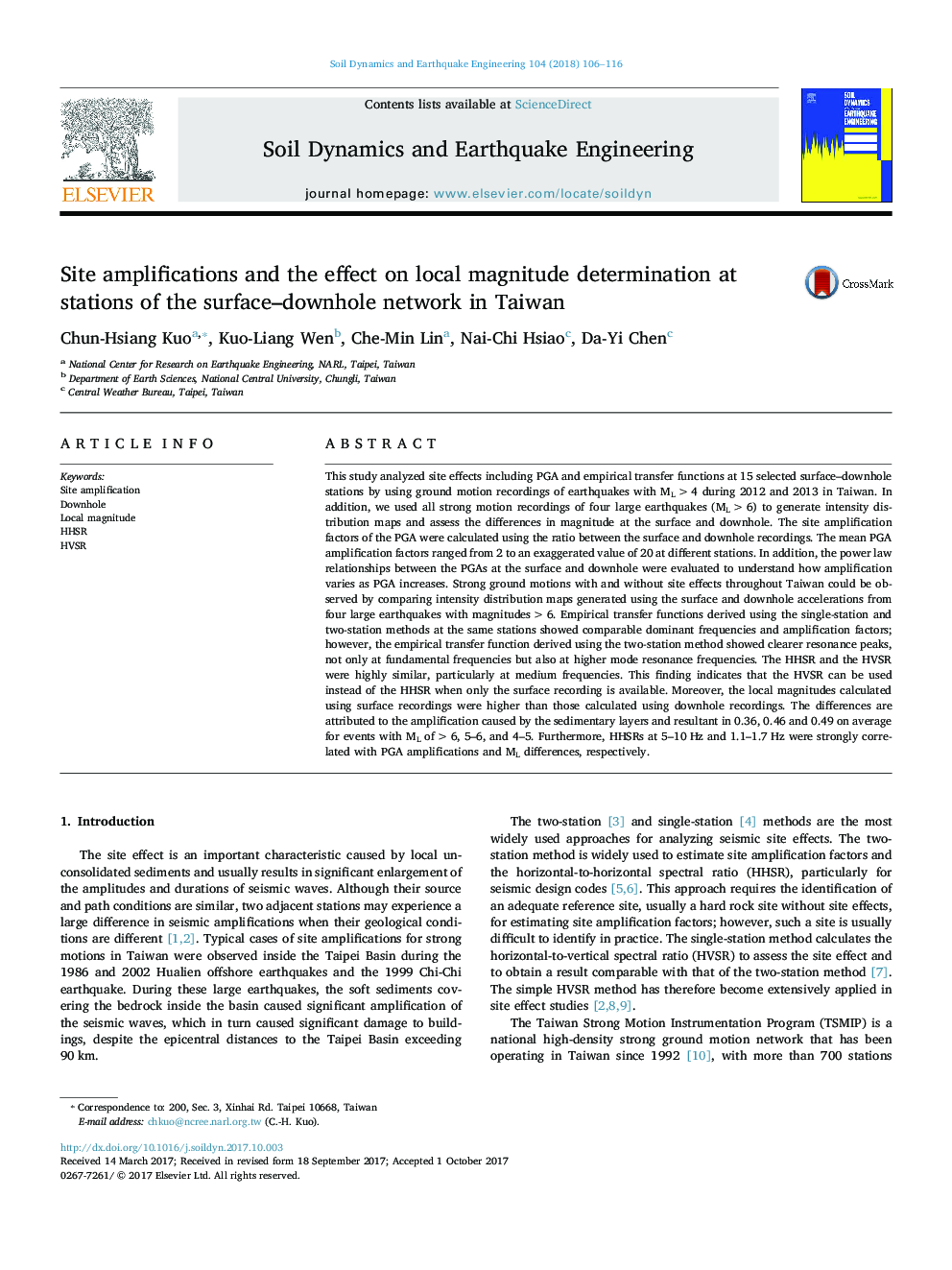 Site amplifications and the effect on local magnitude determination at stations of the surface-downhole network in Taiwan