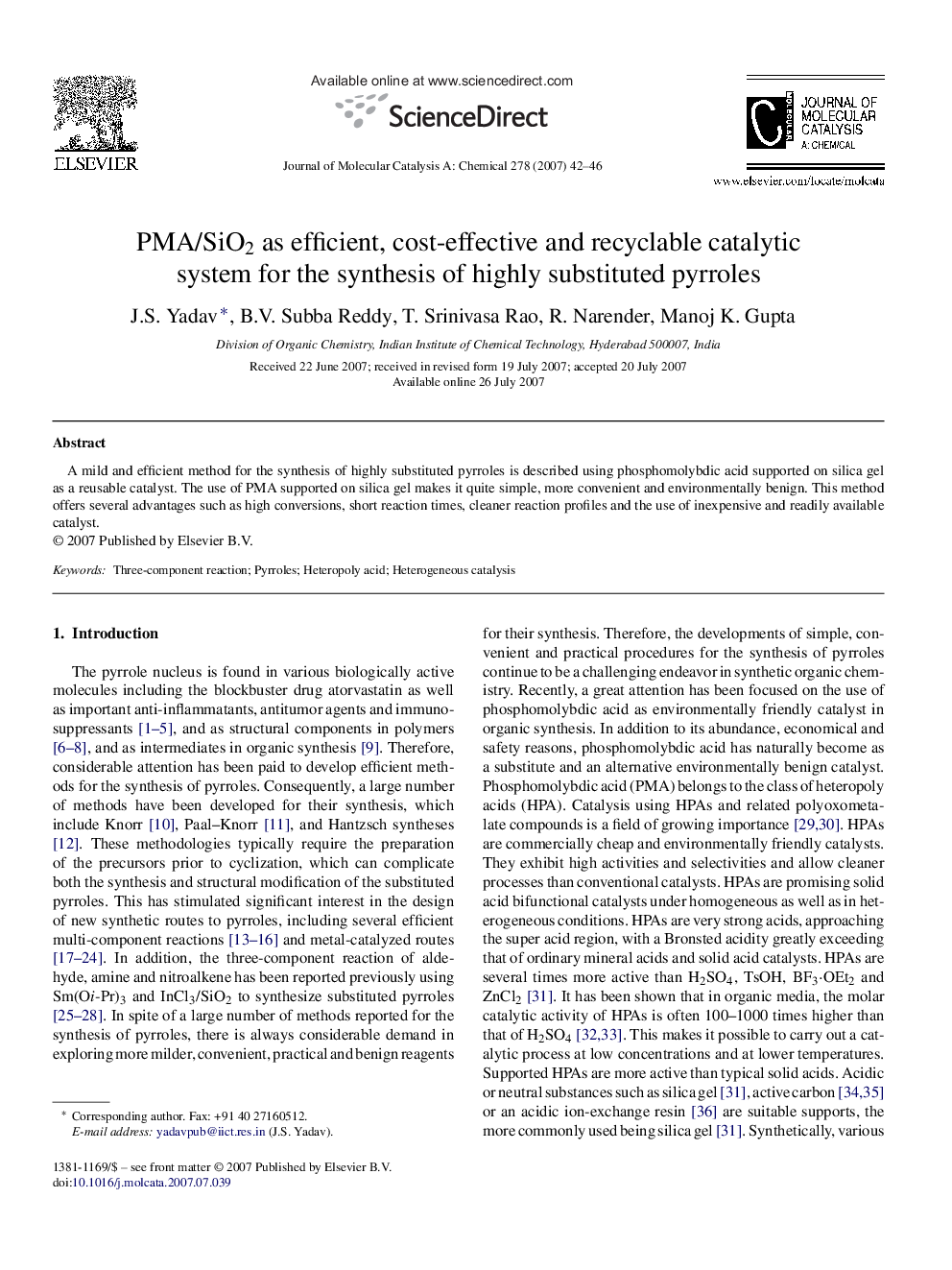 PMA/SiO2 as efficient, cost-effective and recyclable catalytic system for the synthesis of highly substituted pyrroles