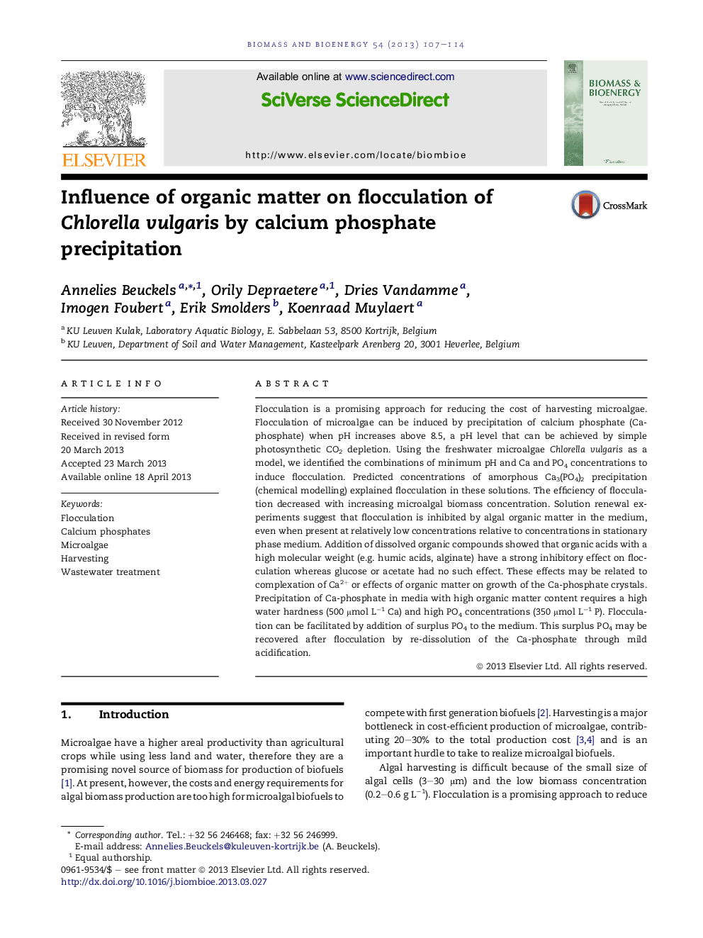 Influence of organic matter on flocculation of Chlorella vulgaris by calcium phosphate precipitation