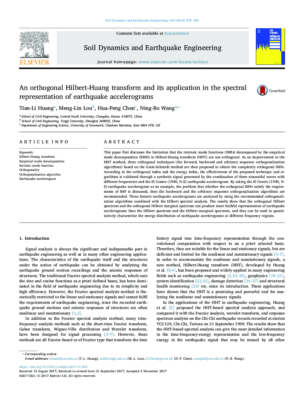 An orthogonal Hilbert-Huang transform and its application in the spectral representation of earthquake accelerograms