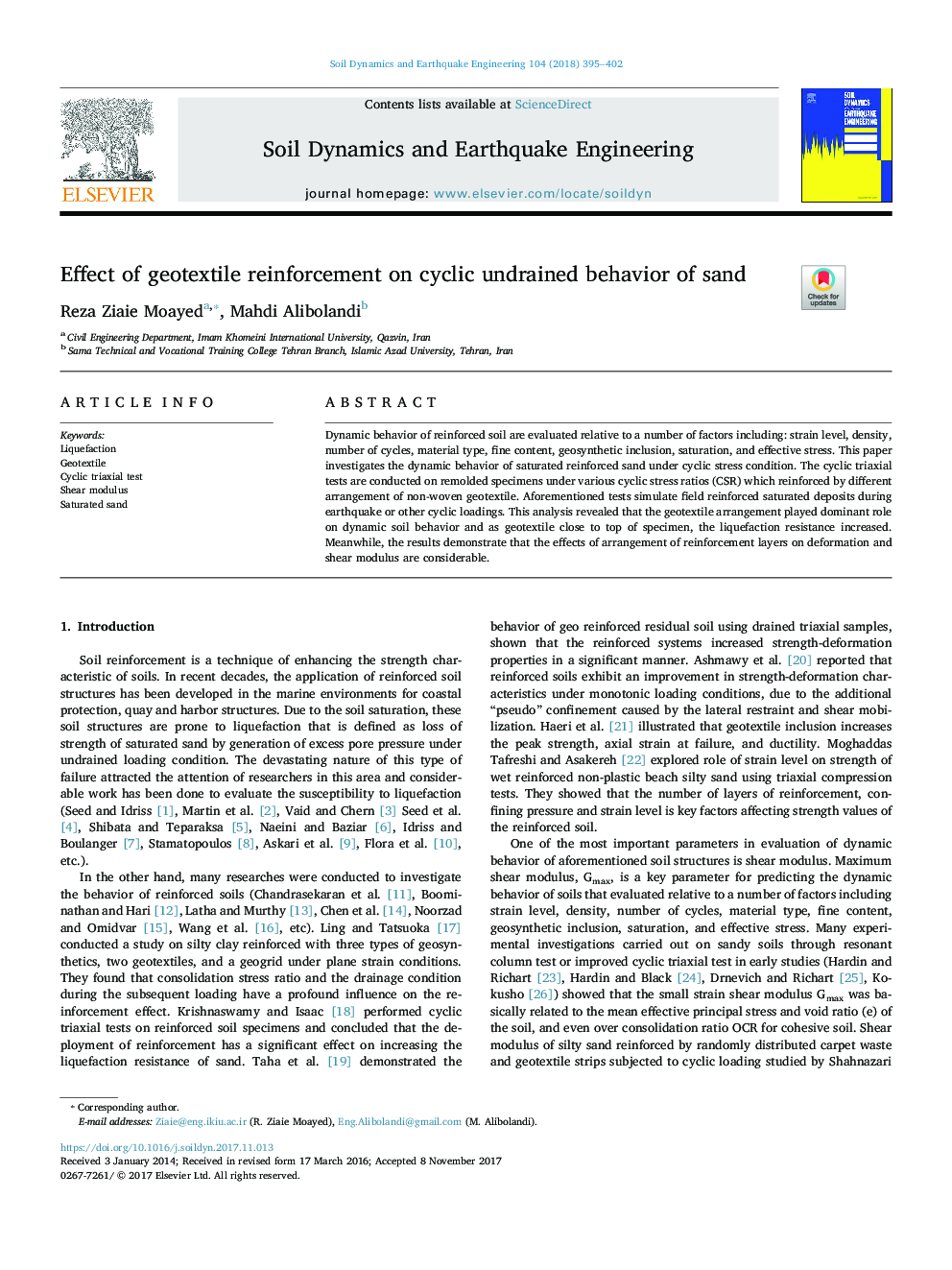 Effect of geotextile reinforcement on cyclic undrained behavior of sand