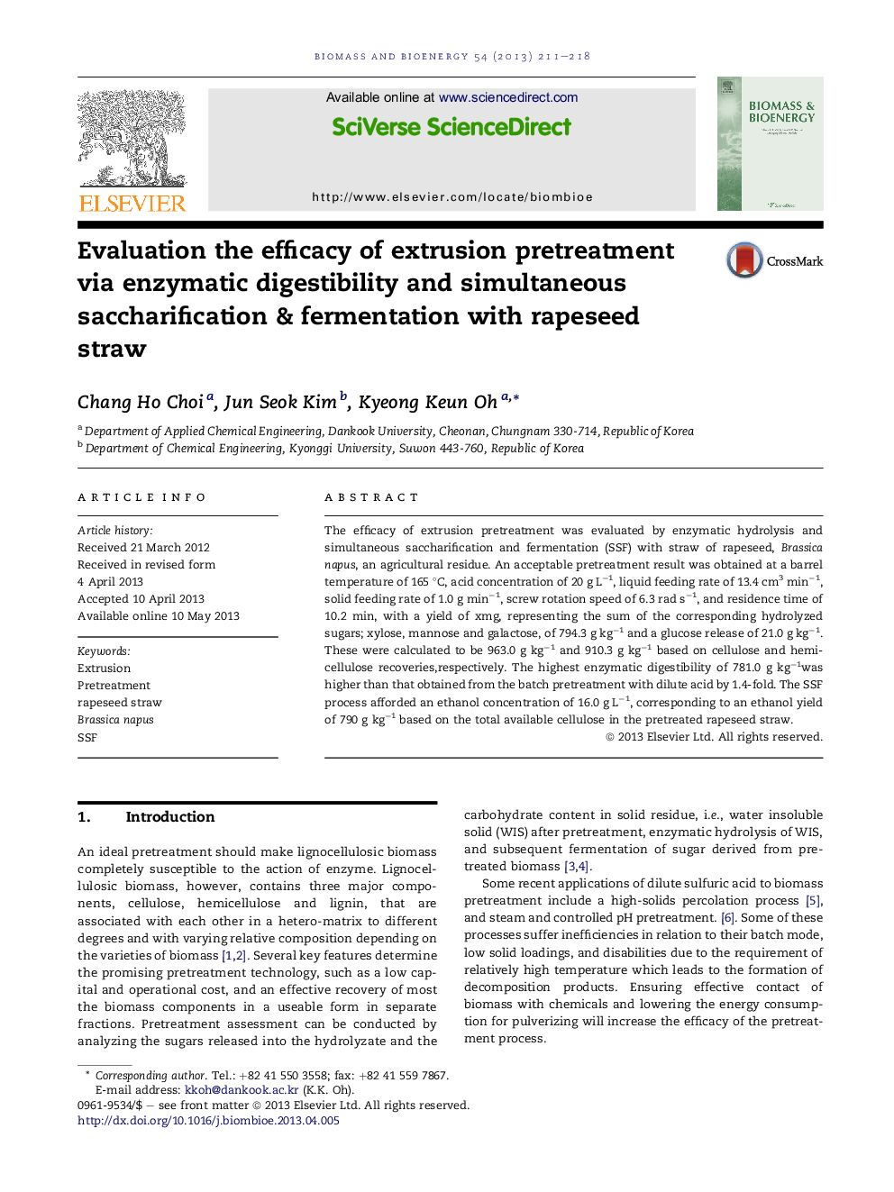 Evaluation the efficacy of extrusion pretreatment via enzymatic digestibility and simultaneous saccharification & fermentation with rapeseed straw