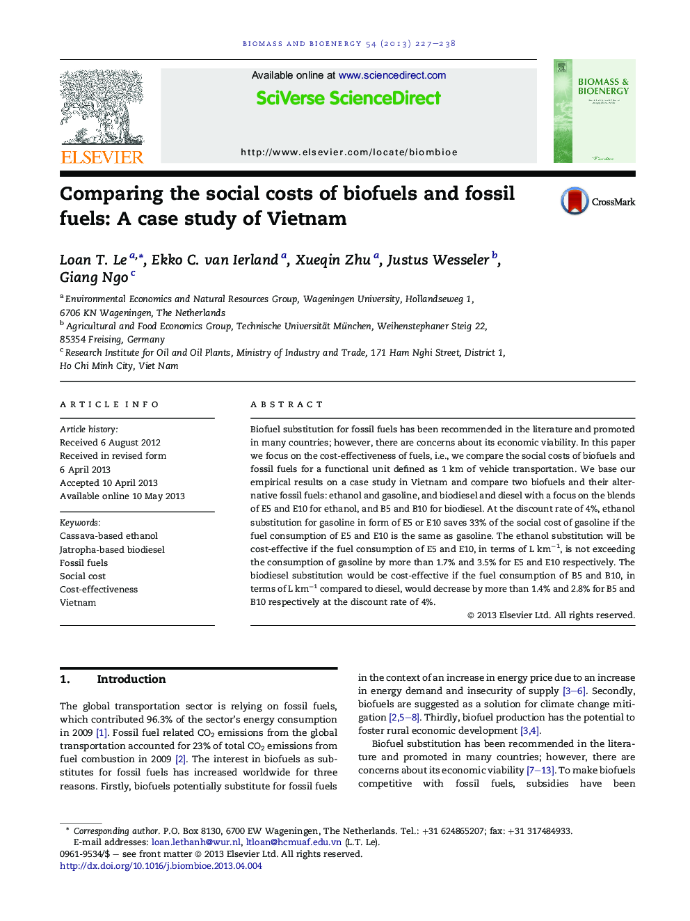 Comparing the social costs of biofuels and fossil fuels: A case study of Vietnam