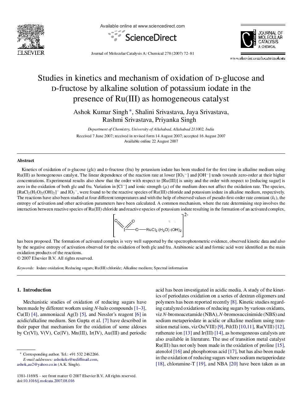 Studies in kinetics and mechanism of oxidation of d-glucose and d-fructose by alkaline solution of potassium iodate in the presence of Ru(III) as homogeneous catalyst