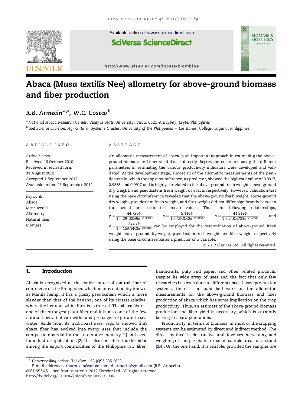 Abaca (Musa textilis Nee) allometry for above-ground biomass and fiber production