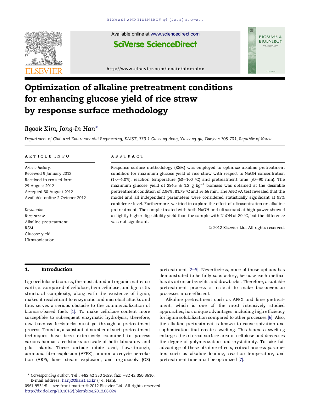 Optimization of alkaline pretreatment conditions for enhancing glucose yield of rice straw by response surface methodology