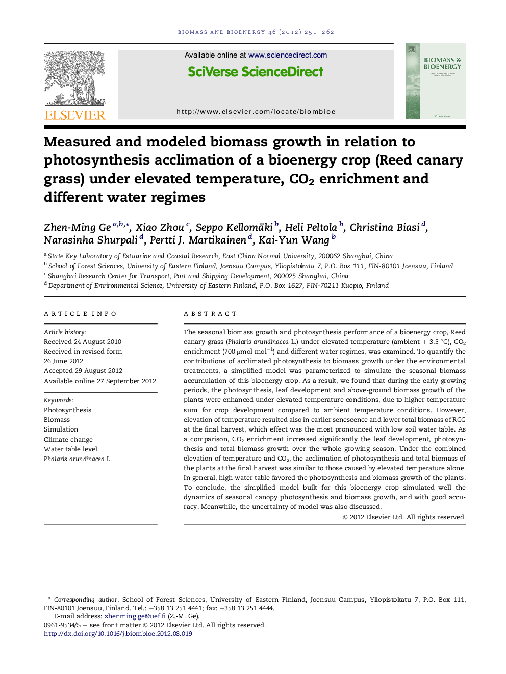 Measured and modeled biomass growth in relation to photosynthesis acclimation of a bioenergy crop (Reed canary grass) under elevated temperature, CO2 enrichment and different water regimes