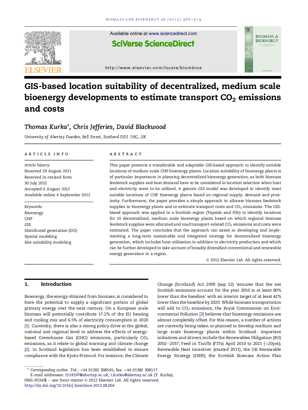 GIS-based location suitability of decentralized, medium scale bioenergy developments to estimate transport CO2 emissions and costs