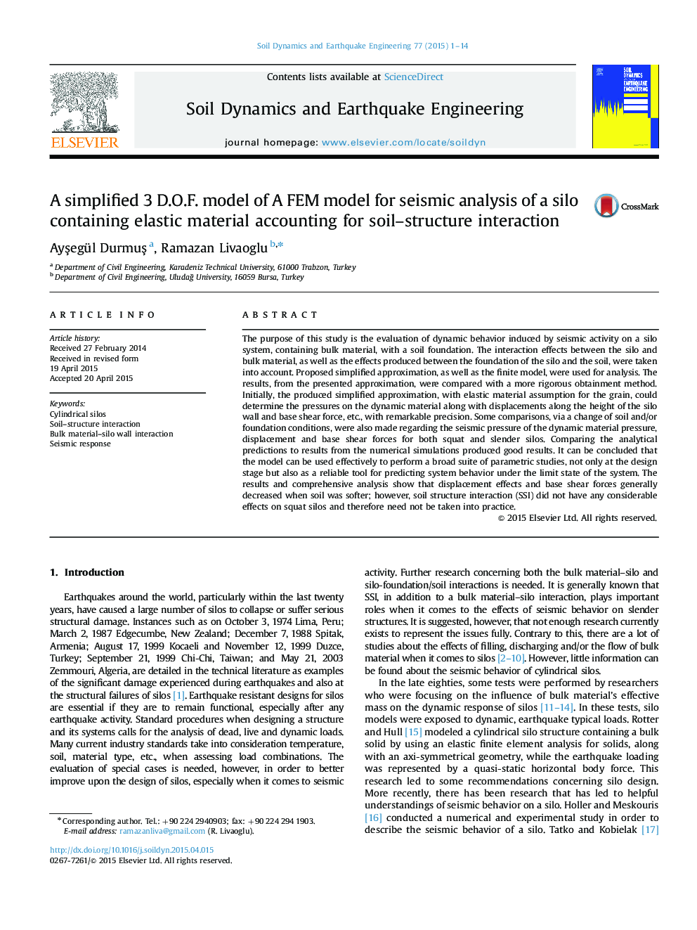 A simplified 3 D.O.F. model of A FEM model for seismic analysis of a silo containing elastic material accounting for soil-structure interaction