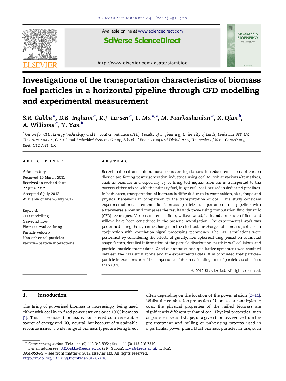 Investigations of the transportation characteristics of biomass fuel particles in a horizontal pipeline through CFD modelling and experimental measurement