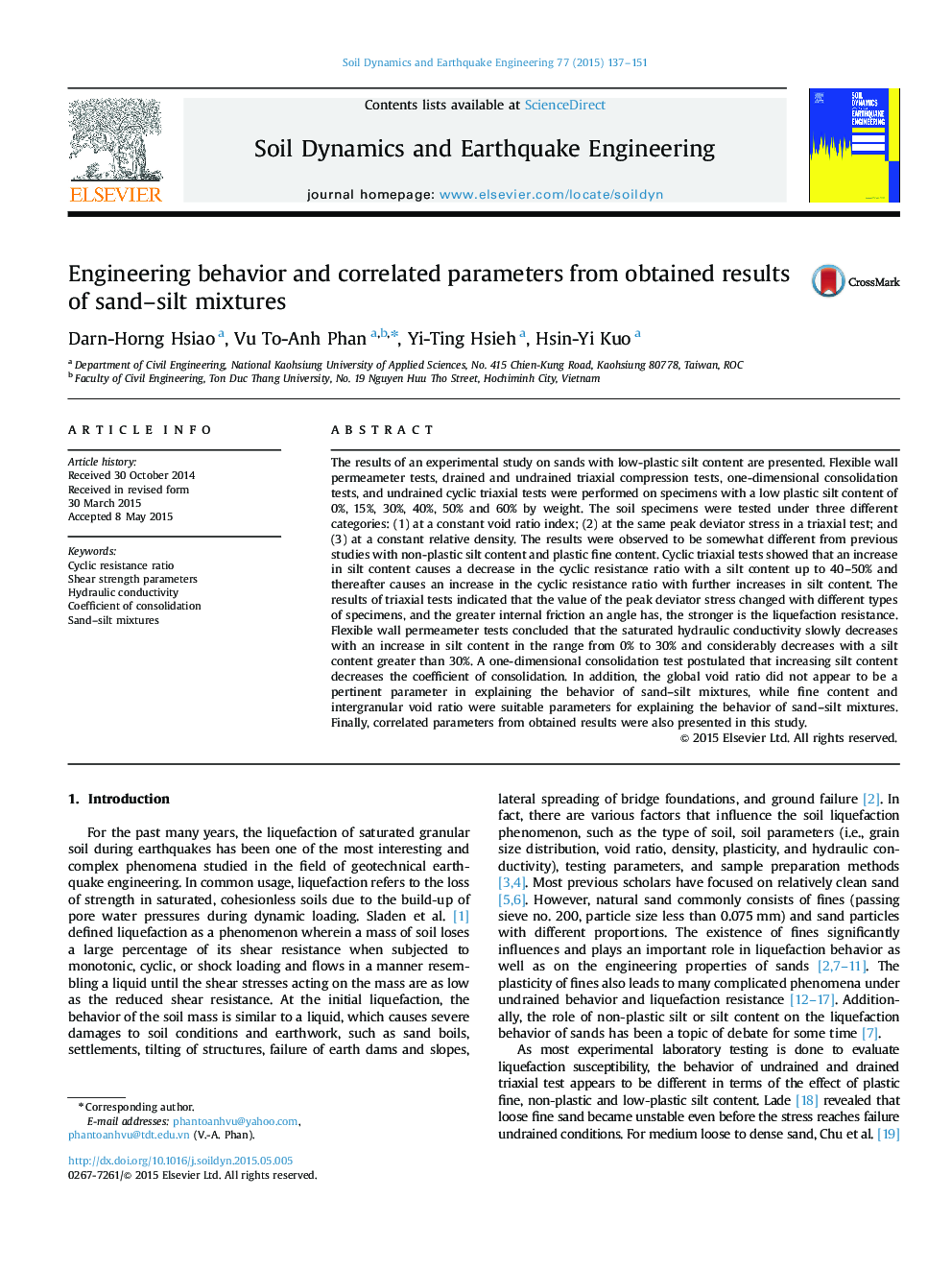 Engineering behavior and correlated parameters from obtained results of sand-silt mixtures