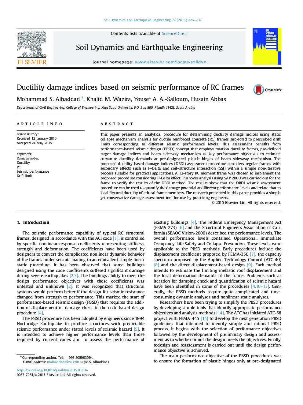 Ductility damage indices based on seismic performance of RC frames