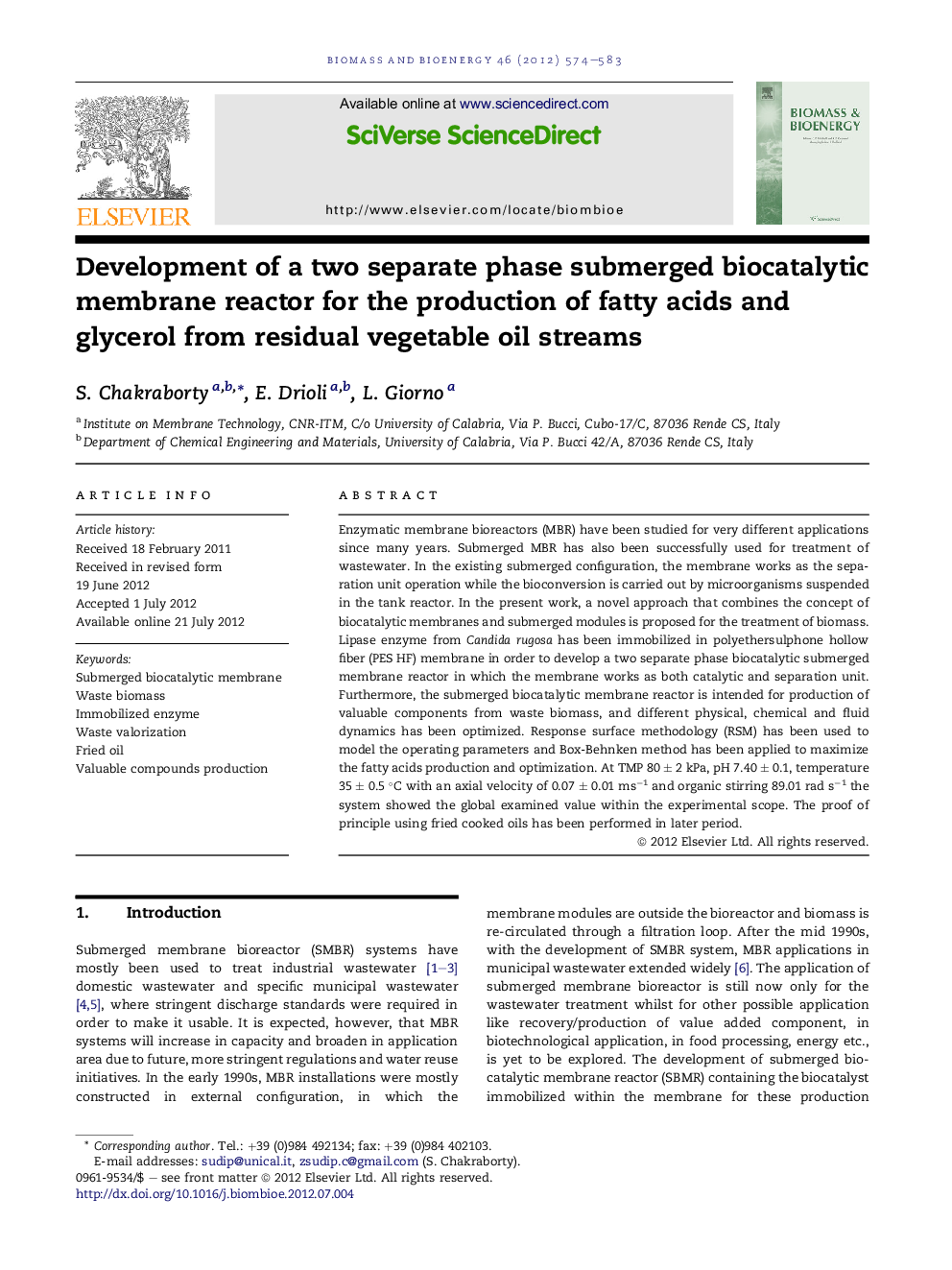 Development of a two separate phase submerged biocatalytic membrane reactor for the production of fatty acids and glycerol from residual vegetable oil streams