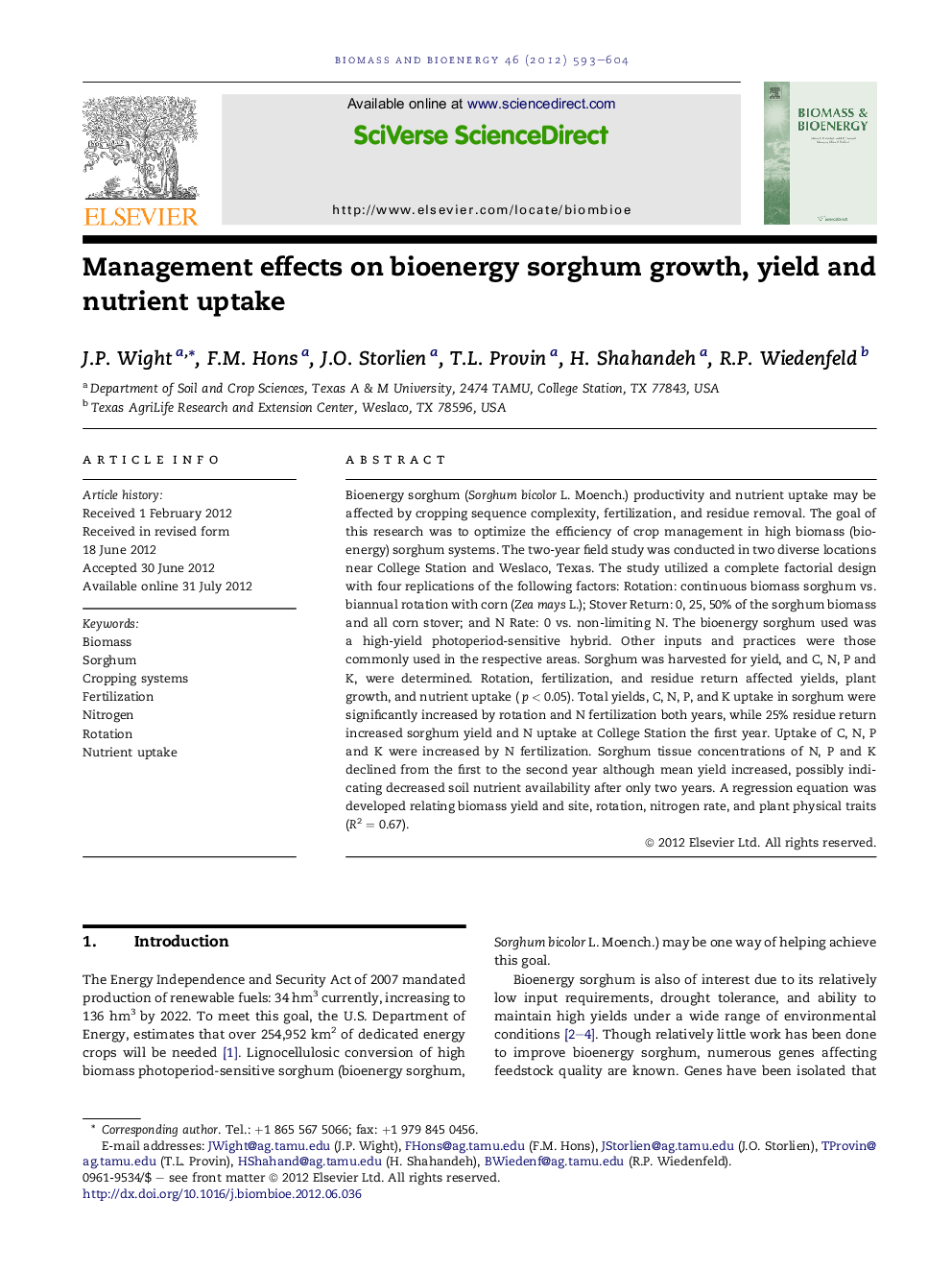 Management effects on bioenergy sorghum growth, yield and nutrient uptake