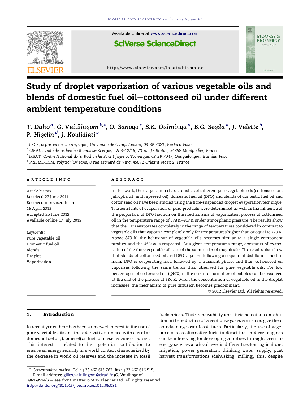 Study of droplet vaporization of various vegetable oils and blends of domestic fuel oil–cottonseed oil under different ambient temperature conditions