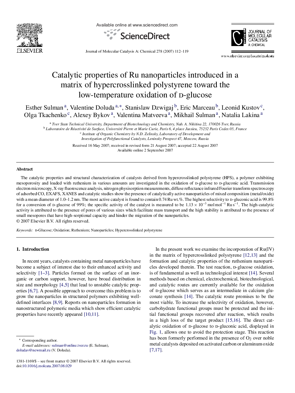 Catalytic properties of Ru nanoparticles introduced in a matrix of hypercrosslinked polystyrene toward the low-temperature oxidation of d-glucose