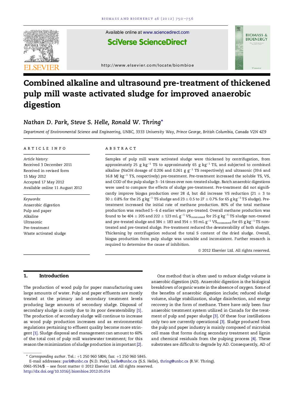 Combined alkaline and ultrasound pre-treatment of thickened pulp mill waste activated sludge for improved anaerobic digestion