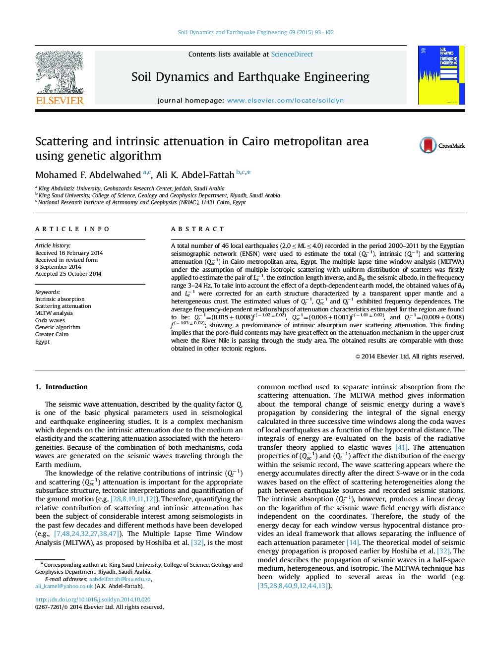 Scattering and intrinsic attenuation in Cairo metropolitan area using genetic algorithm
