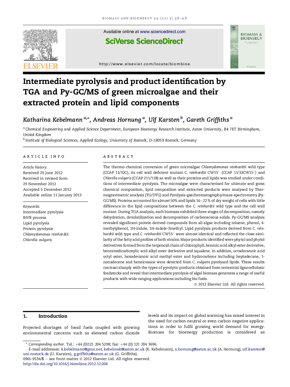 Intermediate pyrolysis and product identification by TGA and Py-GC/MS of green microalgae and their extracted protein and lipid components