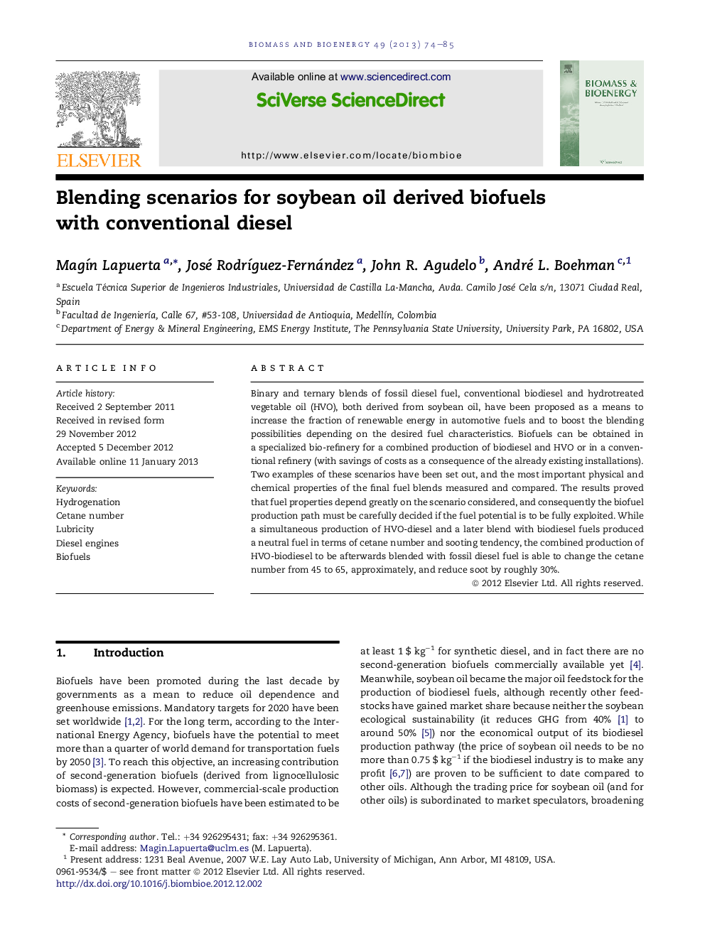 Blending scenarios for soybean oil derived biofuels with conventional diesel