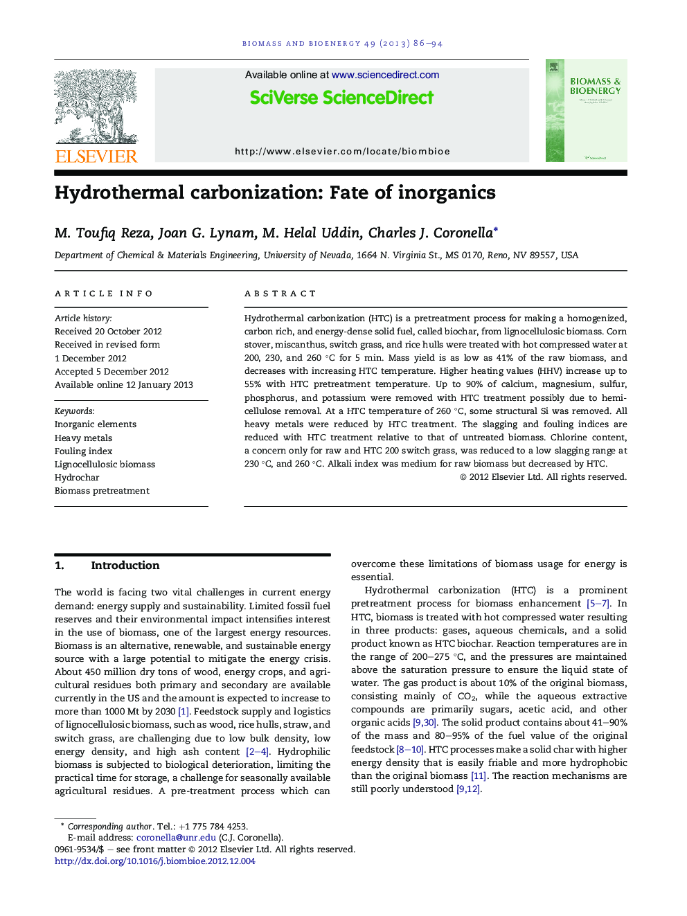 Hydrothermal carbonization: Fate of inorganics