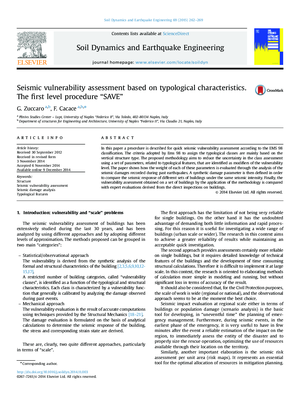 Seismic vulnerability assessment based on typological characteristics. The first level procedure “SAVE”