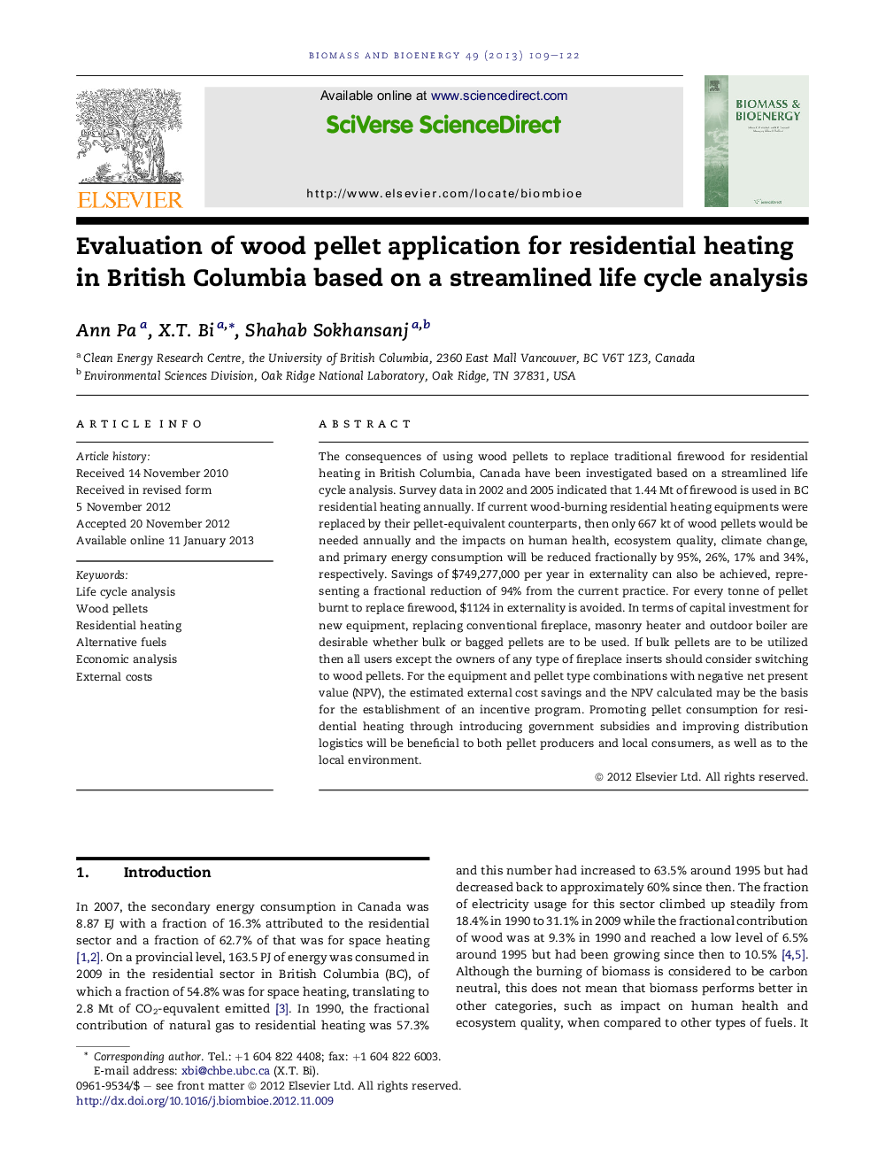 Evaluation of wood pellet application for residential heating in British Columbia based on a streamlined life cycle analysis