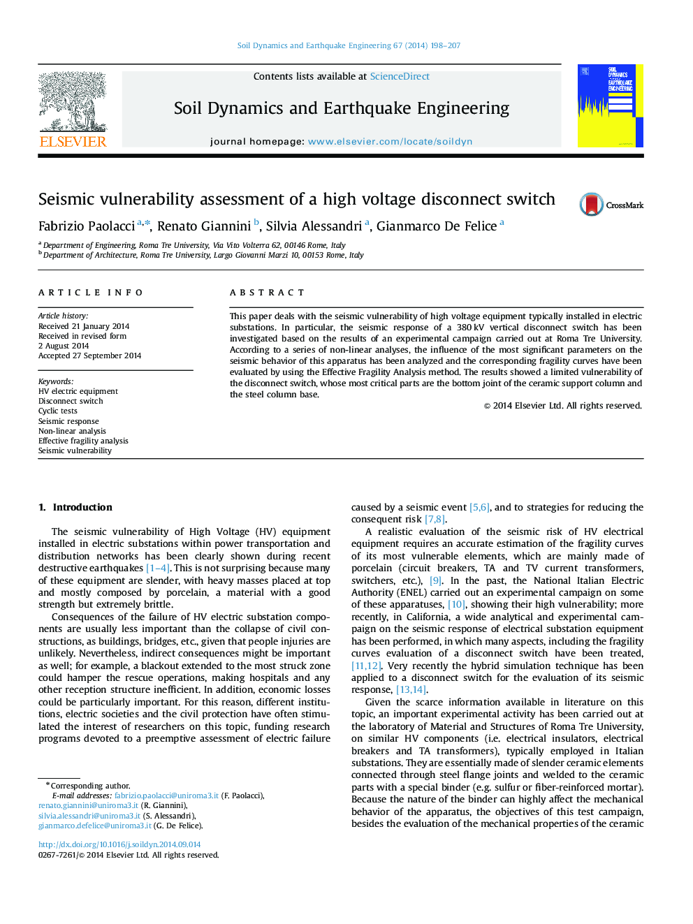 Seismic vulnerability assessment of a high voltage disconnect switch