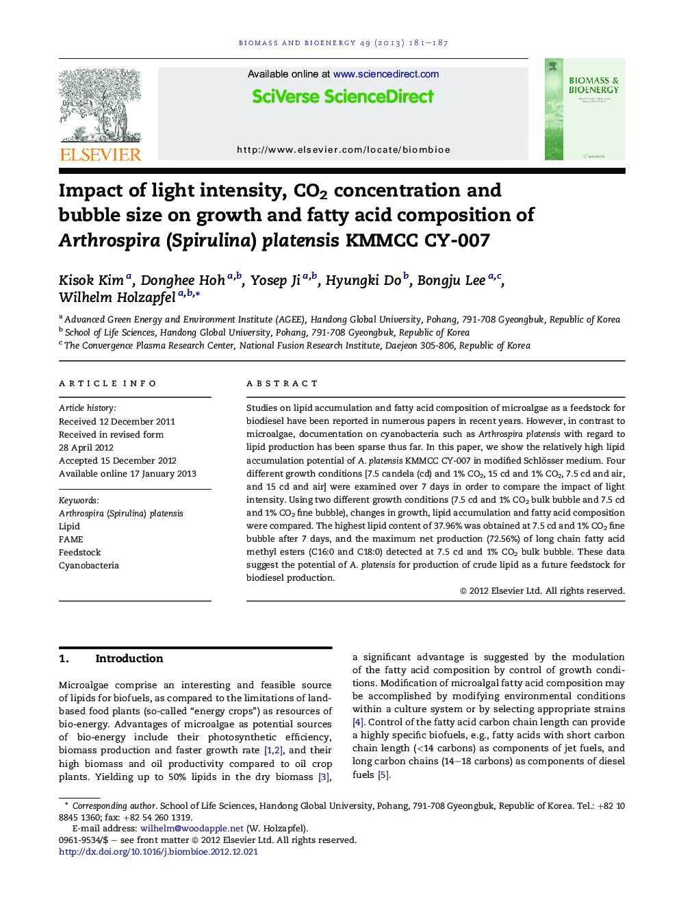 Impact of light intensity, CO2 concentration and bubble size on growth and fatty acid composition of Arthrospira (Spirulina) platensis KMMCC CY-007