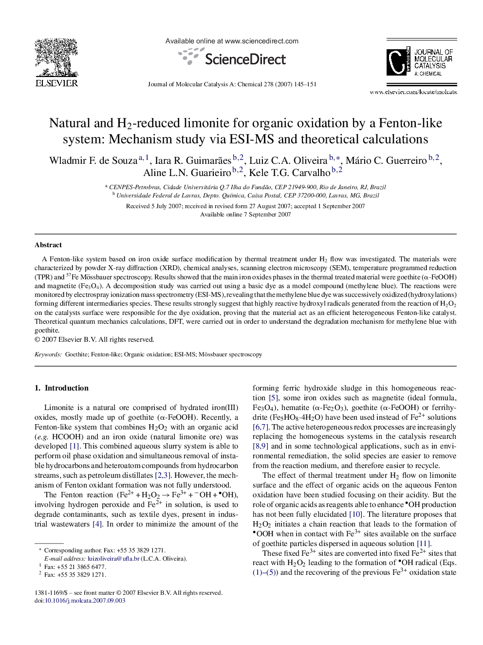 Natural and H2-reduced limonite for organic oxidation by a Fenton-like system: Mechanism study via ESI-MS and theoretical calculations