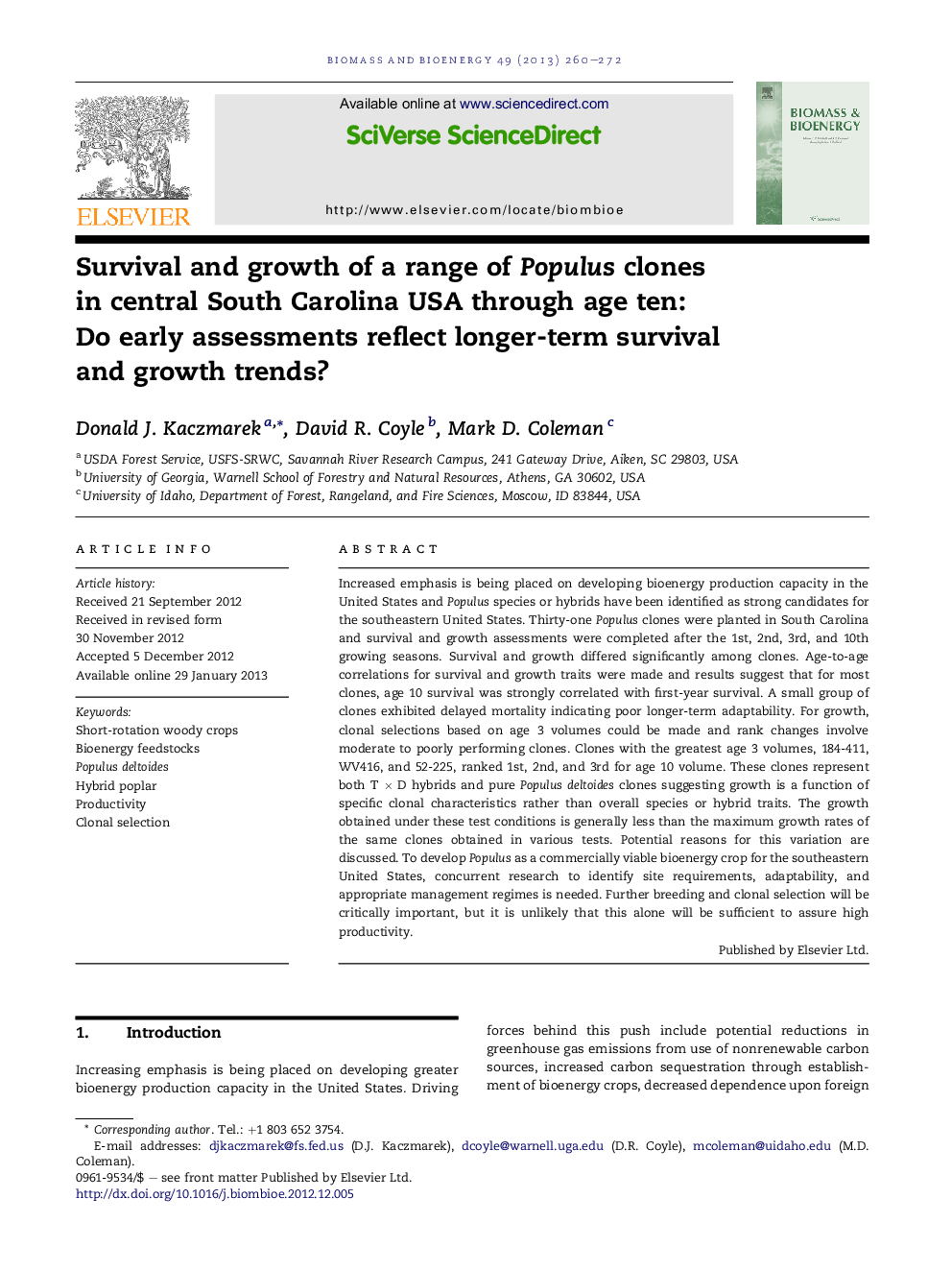 Survival and growth of a range of Populus clones in central South Carolina USA through age ten: Do early assessments reflect longer-term survival and growth trends?