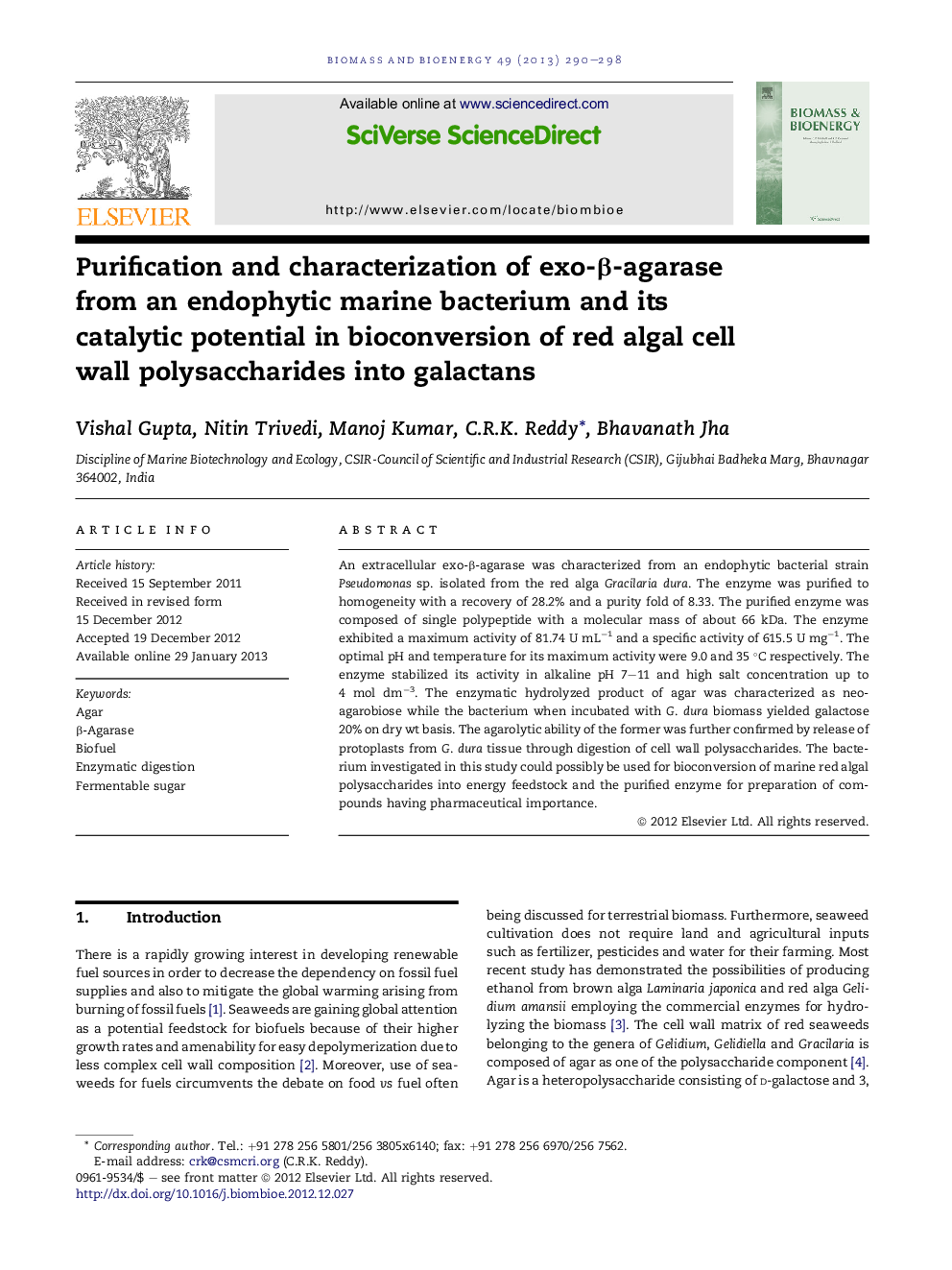 Purification and characterization of exo-β-agarase from an endophytic marine bacterium and its catalytic potential in bioconversion of red algal cell wall polysaccharides into galactans