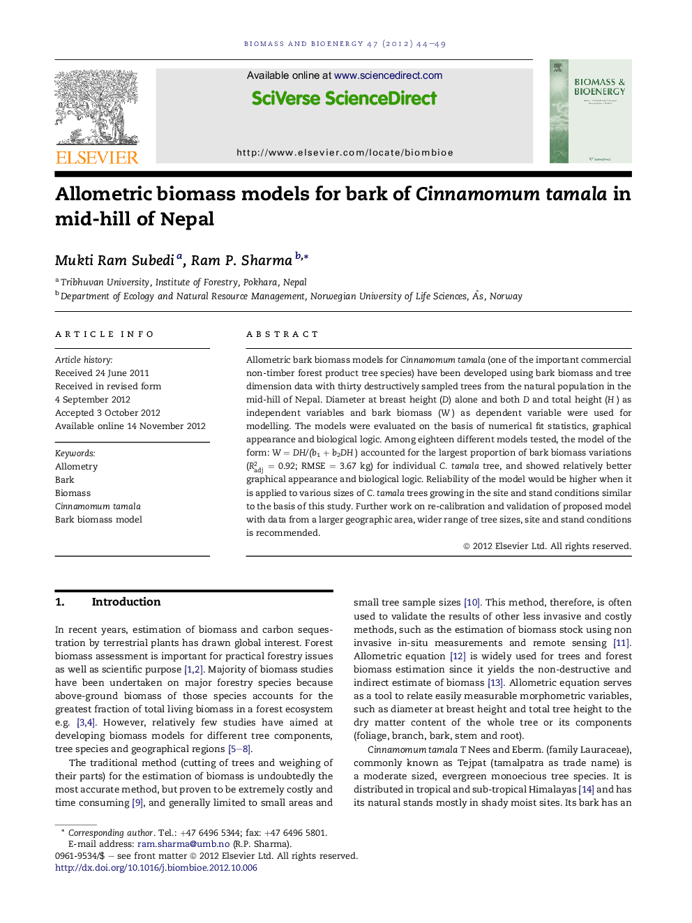 Allometric biomass models for bark of Cinnamomum tamala in mid-hill of Nepal